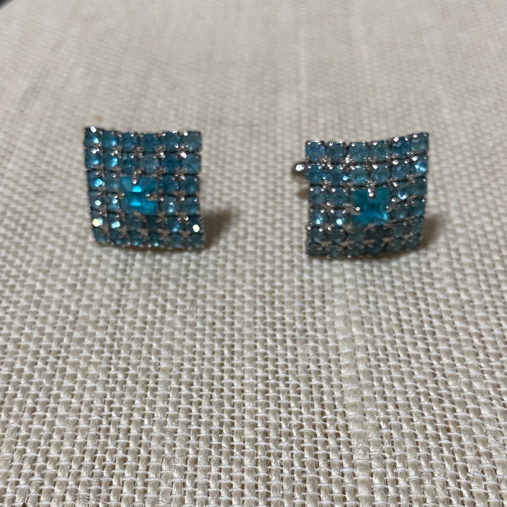 Vintage blue rhinestone square silver cuff links